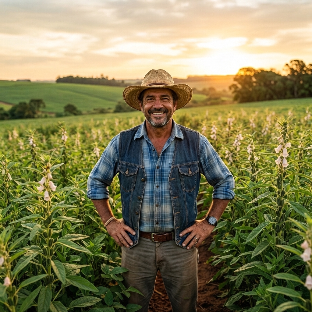 Agricultor Plantfácil sorrindo em meio a uma lavoura verde