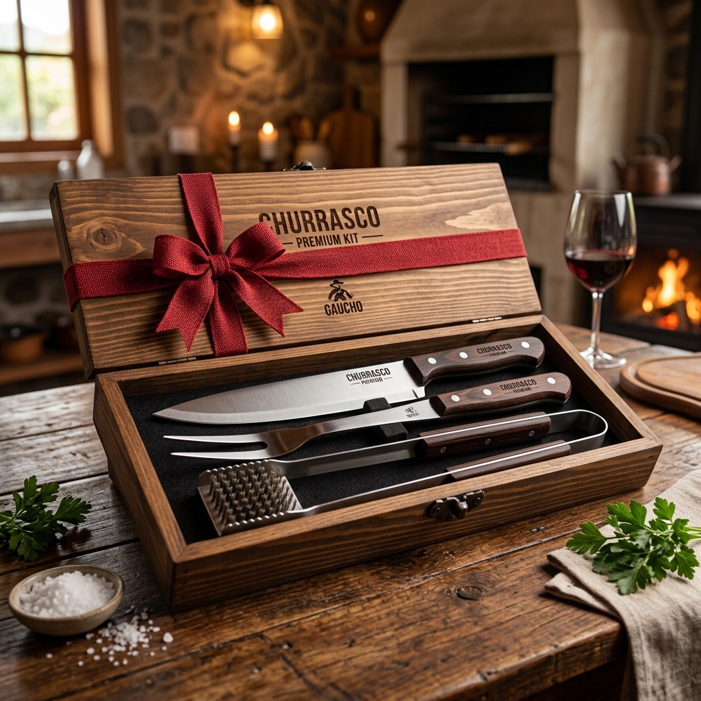 Kit churrasco em caixa de madeira — prêmio Plantfácil